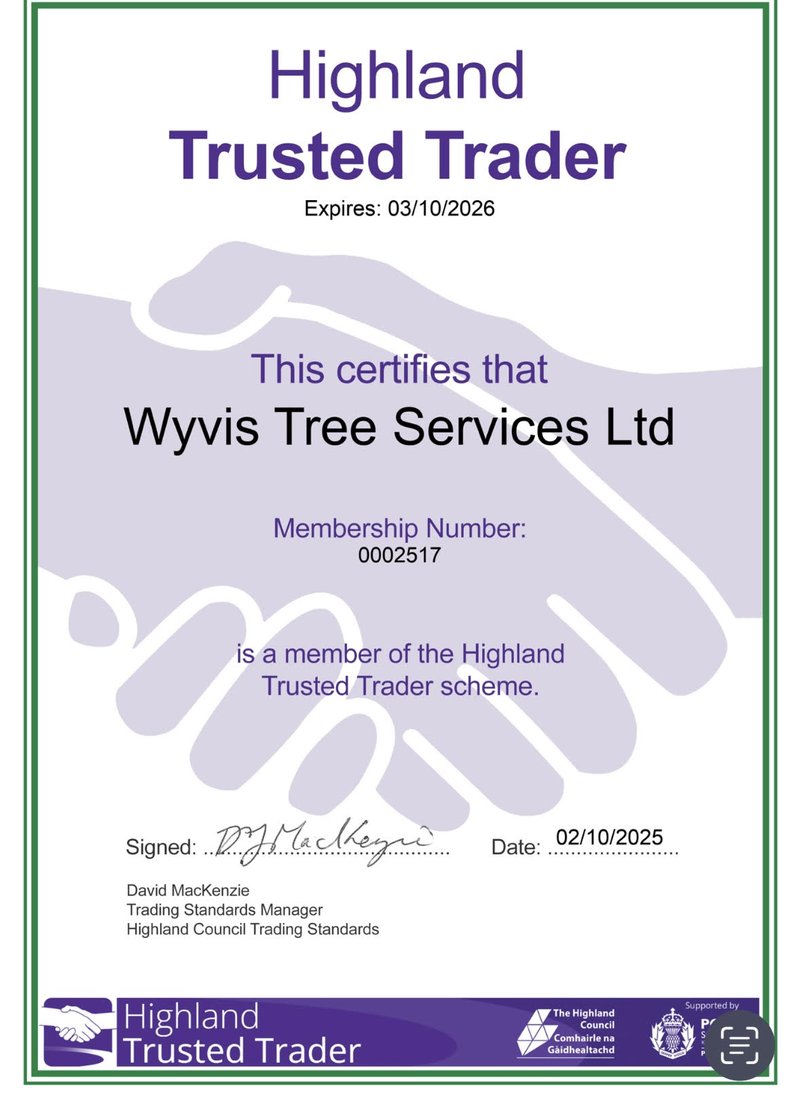 Highland Trusted Trader certificate awarded to Wyvis Tree Services Ltd, member 0002517, expires 03/10/2026, signed by David MacKenzie of Highland Council Trading Standards.